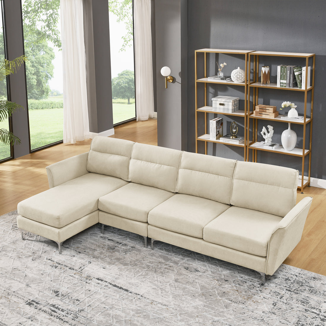 Modern Sofa 3 Seat Couch With Stainless Steel Trim And Metal Legs For Living Room,Package Compression Sofa Technology,Beige Beige Foam 3 Seat