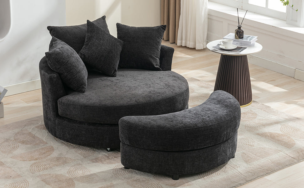 Orisfur. 360 Swivel Accent Barrel Chair With Storage Ottoman & 4 Pillows, Modern Chenille Leisure Chair Round Accent For Living Room, Gray Gray Foam Chenille