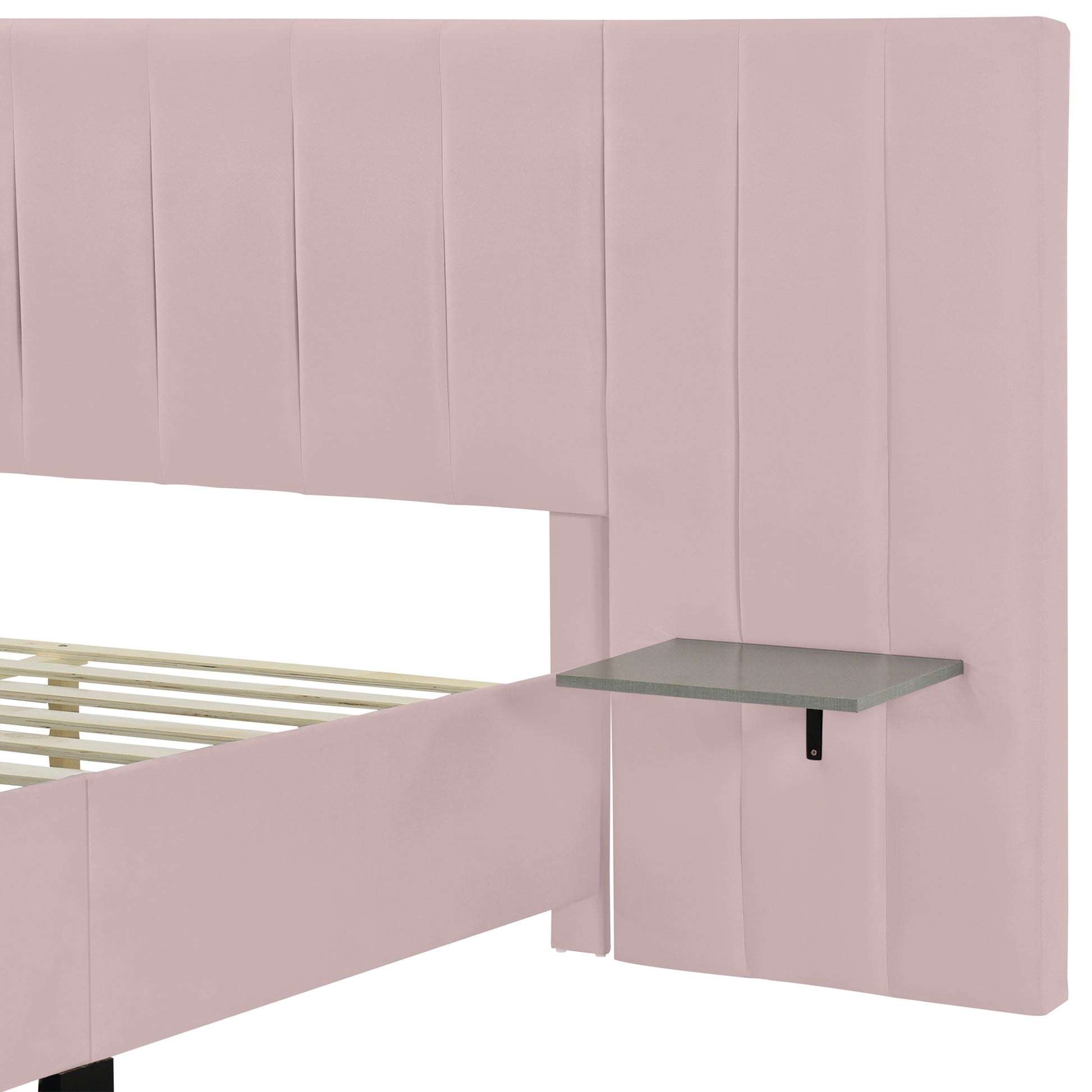 Queen Size Upholstered Platform Bed With Big Headboard, Bedroom Furniture, Velvet, Pink Queen Pink Plywood