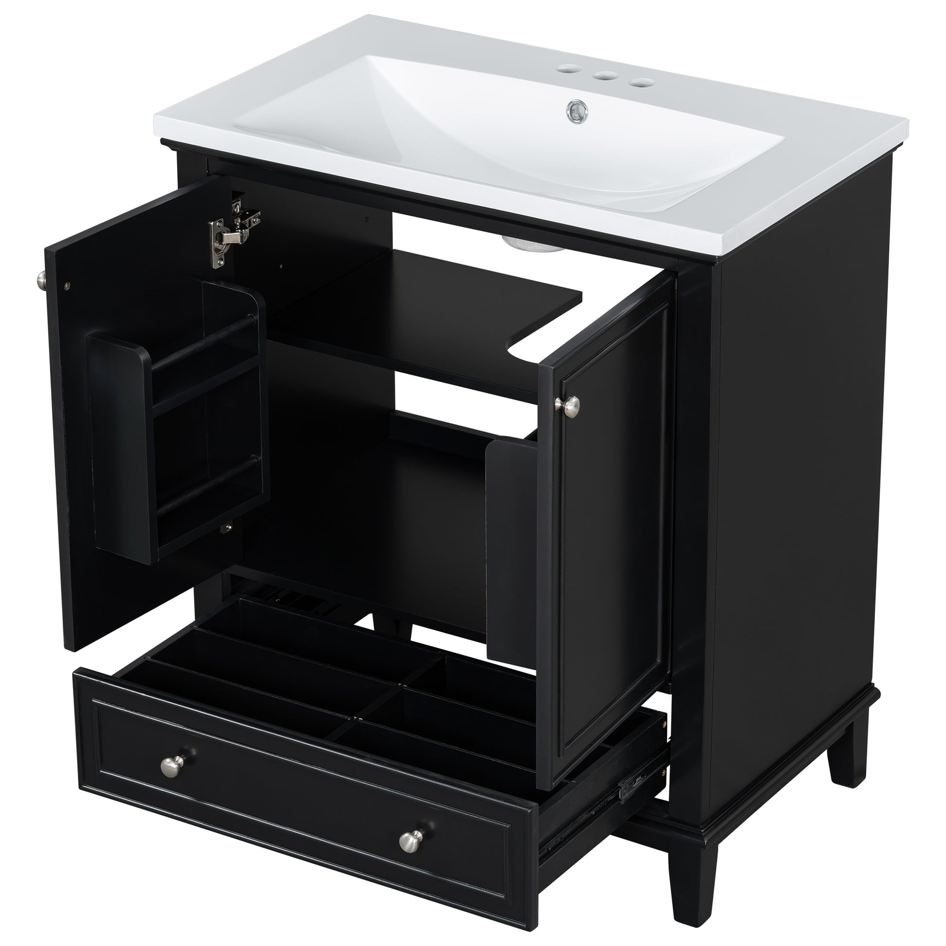 30" Bathroom Vanity With Sink Combo, Multi Functional Bathroom Cabinet With Doors And Drawer, Solid Frame And Mdf Board, Black Black Solid Wood Mdf