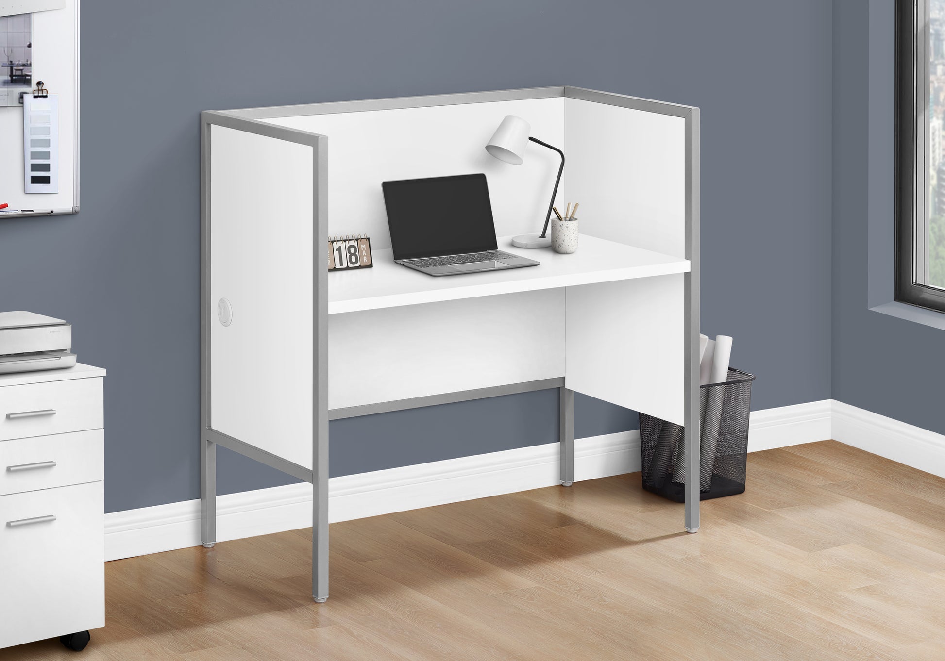 Office Cubicle, 48"L, Desk, Work, Commercial Grade, White Laminate, Silver Metal, Contemporary, Modern White Particle Board