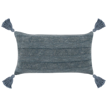 14 X 26 Lumbar Throw Pillow, Handwoven Stripes, Cotton Linen, Tassels, Blue Blue Polyester Blend