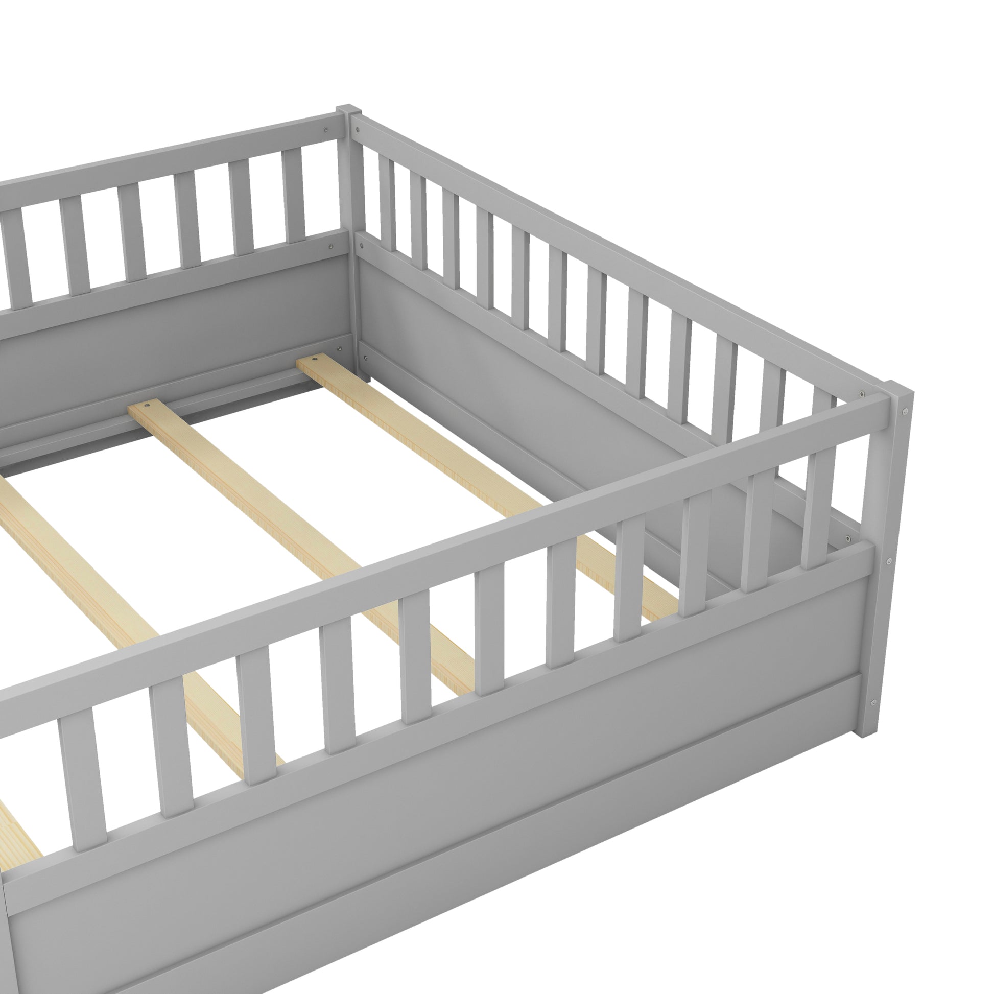 Full Size Floor Bed, Integral Construction With Super High Security Barrier, Door, Children'S Floor Bed Frame, Montessori Wooden Children'S Floor Bed, Support Slat Grey Box Spring Required Full Grey Wood Brown Bedroom American Design,Artsy Pine Bed Frame