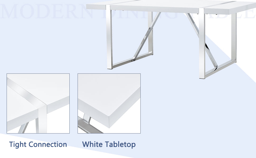 Table And Chair Set.71"X39.3" White Mdf Painting Dining Table Set With 8 White Pu Chairs.Showcasing A Modern And Stylish Look.Suitable For Dining Room.Mdf Painting,Iron Pipe Plating,Pu Chiairs.