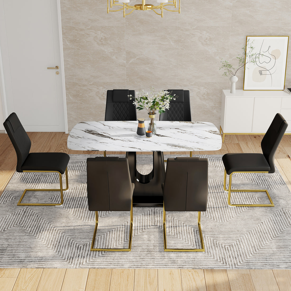 Table And Chair Set, Modern And Minimalist Dining Table, Imitation Marble Patterned Tabletop, Mdf Legs With U Shaped Brackets. Paired With Comfortable Chairs, Suitable For Dining And Living Rooms. Black Gold Mdf Glass