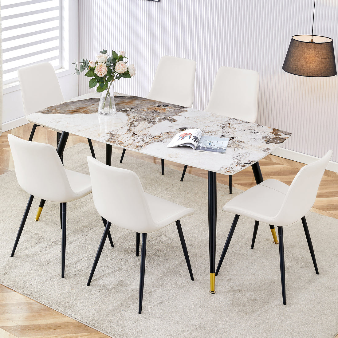 Table And Chair Set, Imitation Marble Texture Rock Board Table Top, Black Metal Table Legs. Paired With 6 White Artificial Leather Backrest Cushion Dining Chairs With Black Metal Legs. White Black Seats 6 Metal