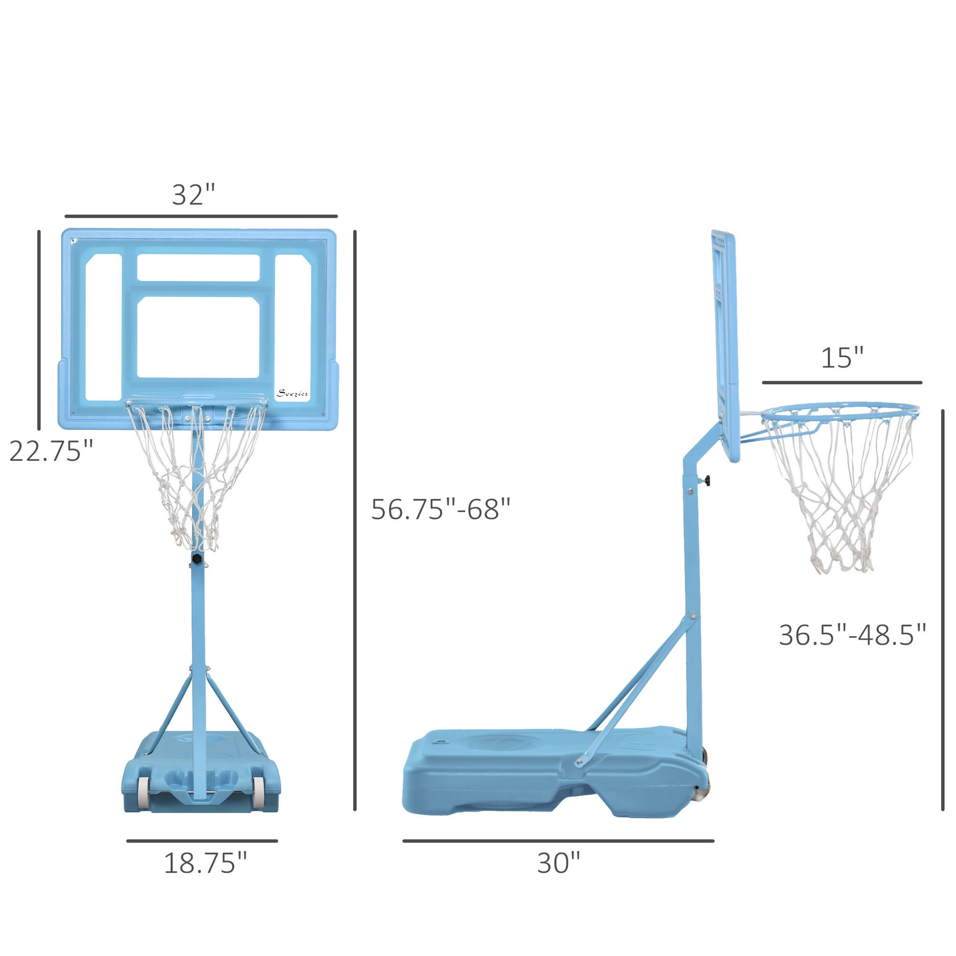 Soozier Poolside Basketball Hoop Stand, 36.5" 48.5" Height Adjustable Portable Hoop System W Clear Backboard & Fillable Base For Whole Family, Blue, White Blue Steel