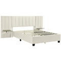 Queen Size Upholstered Platform Bed With Big Headboard, Bedroom Furniture, Velvet, Beige Queen Beige Plywood