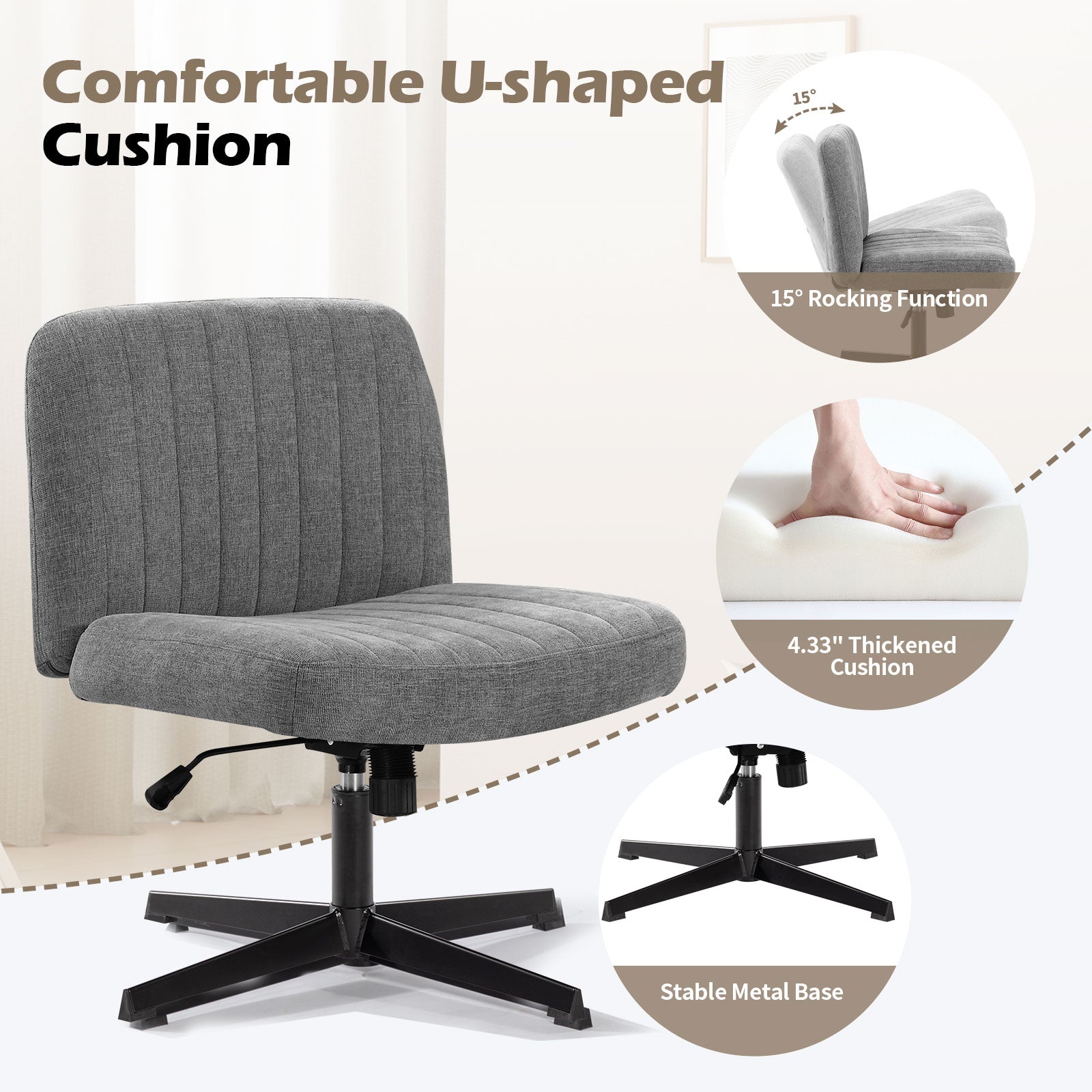 Office Chair Armless Desk Chair No Wheels, Fabric Padded Wide Seat Hom