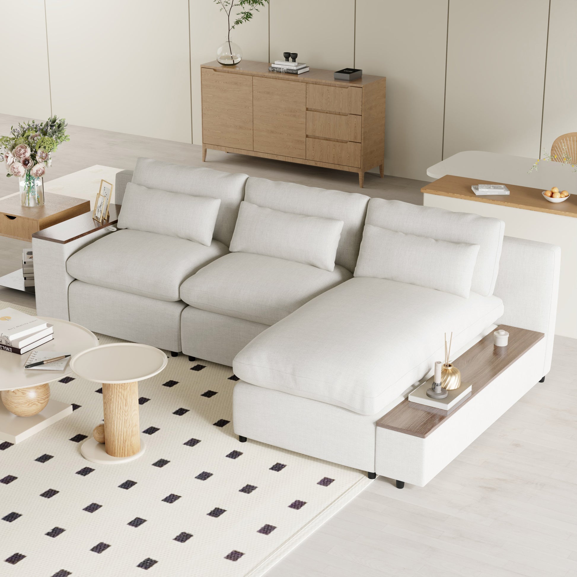 L Shaped Modular Sectional Sofa With Removable Back Cushions,3 Pillows And 2 Storage Spaces,Suitable For Living Rooms,Offices And Apartments Beige Polyester 3 Seat