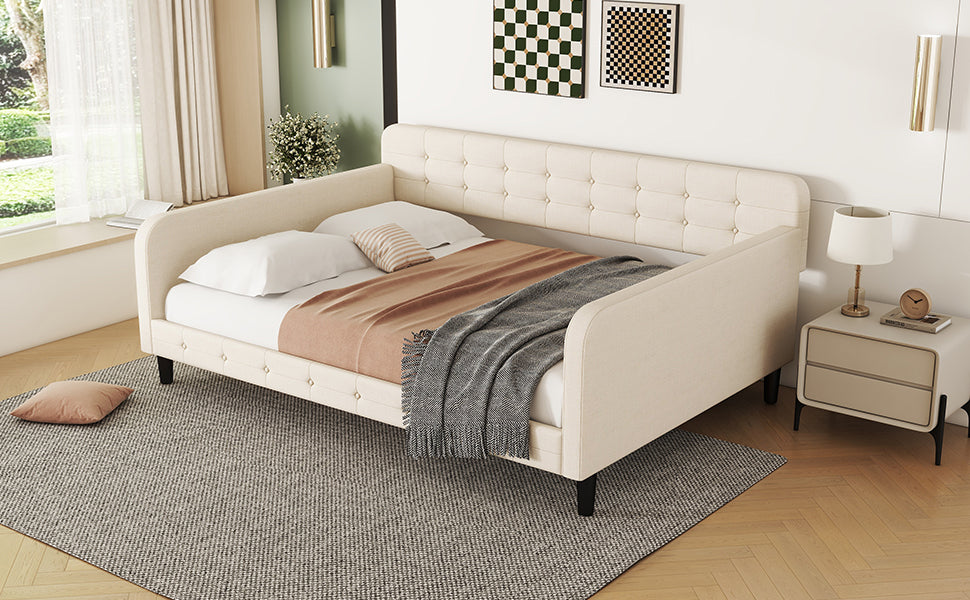 Full Size Upholstered Tufted Daybed With 4 Support Legs, Beige Box Spring Not Required Full Beige Wood Bedroom Daybeds Linen Upholstered