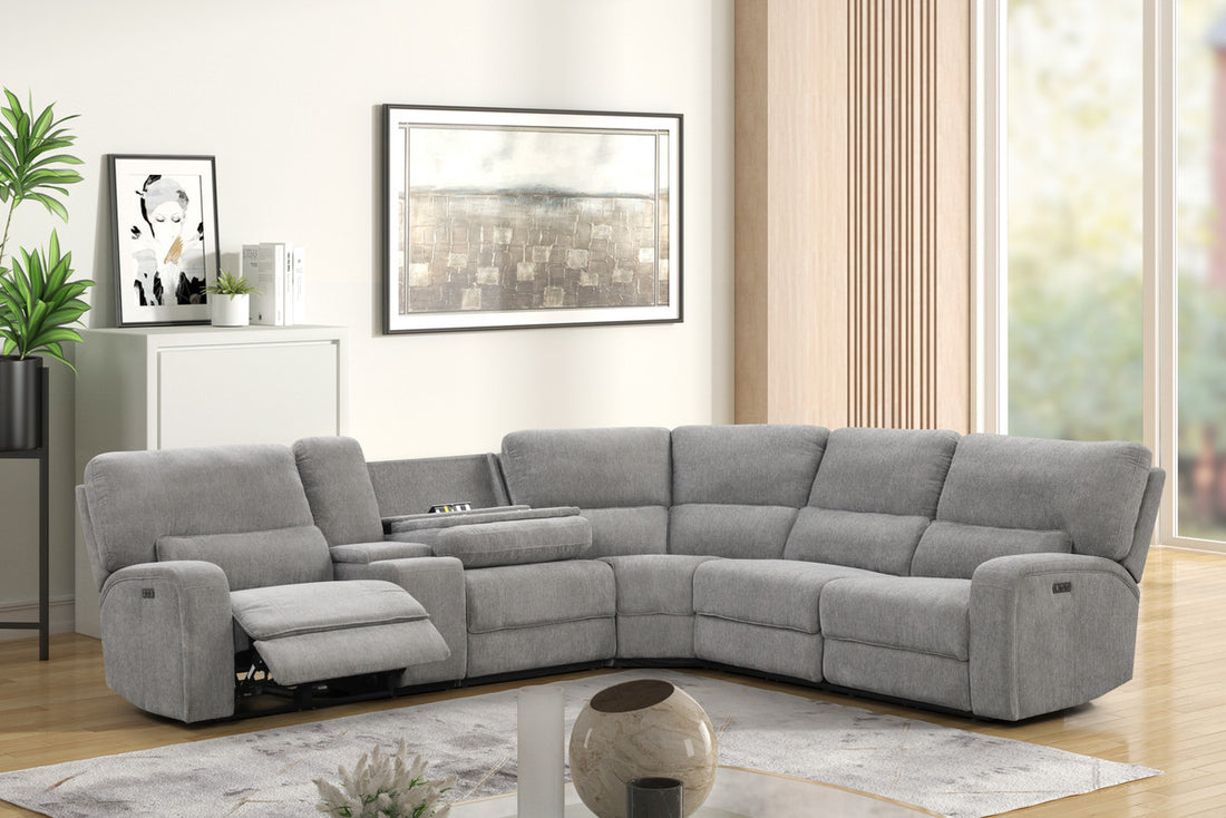 Anthony 114" Wide Light Gray Chenille Fabric Power Reclining Sectional With Power Headrest, Charging Ports, Storage, And Cupholders Light Gray Chenille 5 Seat