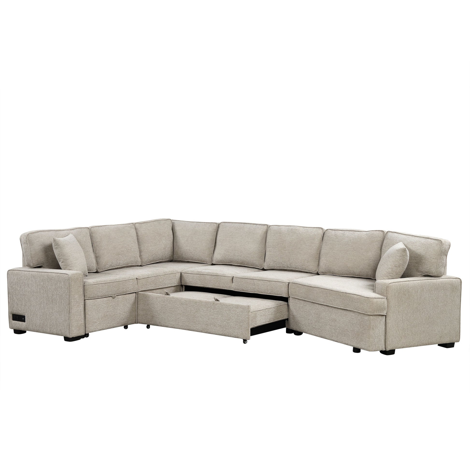 126" L Shaped Sofa Sectional Sofa Couch Pull Out Sofa Bed With Charging Devices And Cup Holders For Living Room, Beige Beige Foam Chenille 6 Seat