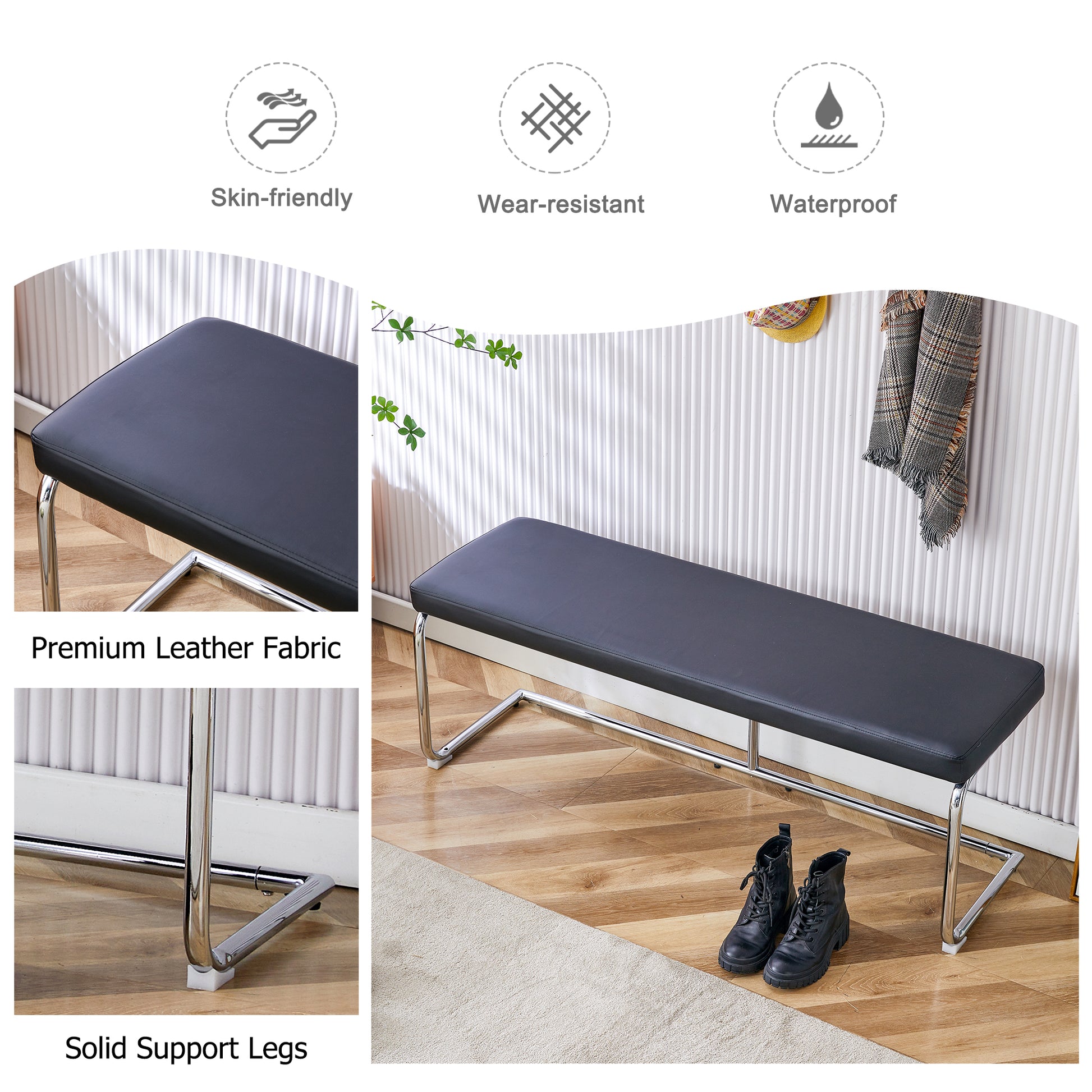 Table And Chair Set. Large Modern Rectangular Table With White Textured Top And Silver Metal Legs. Soft And Comfortable Pu Seats, Faux Leather Upholstered Seats And Sturdy Metal Legs. White Black Mdf Metal