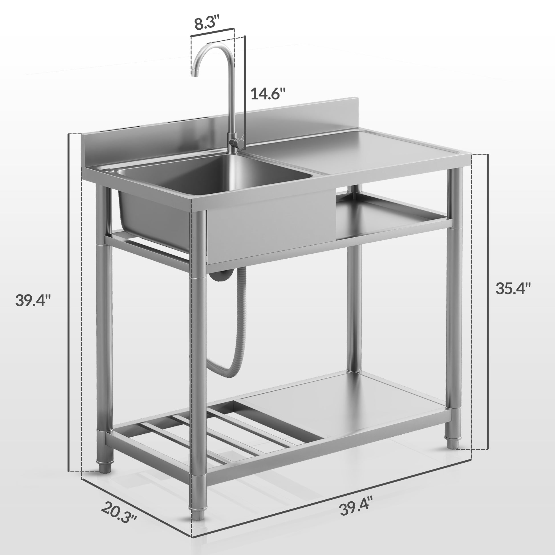 Homcom Outdoor Utility Sink, Deep Stainless Steel Sink, Free Standing Single Bowl Kitchen Sink With Cold And Hot Water Pipe And Storage Shelf For Laundry Garage, 39 Inch Silver Stainless Steel