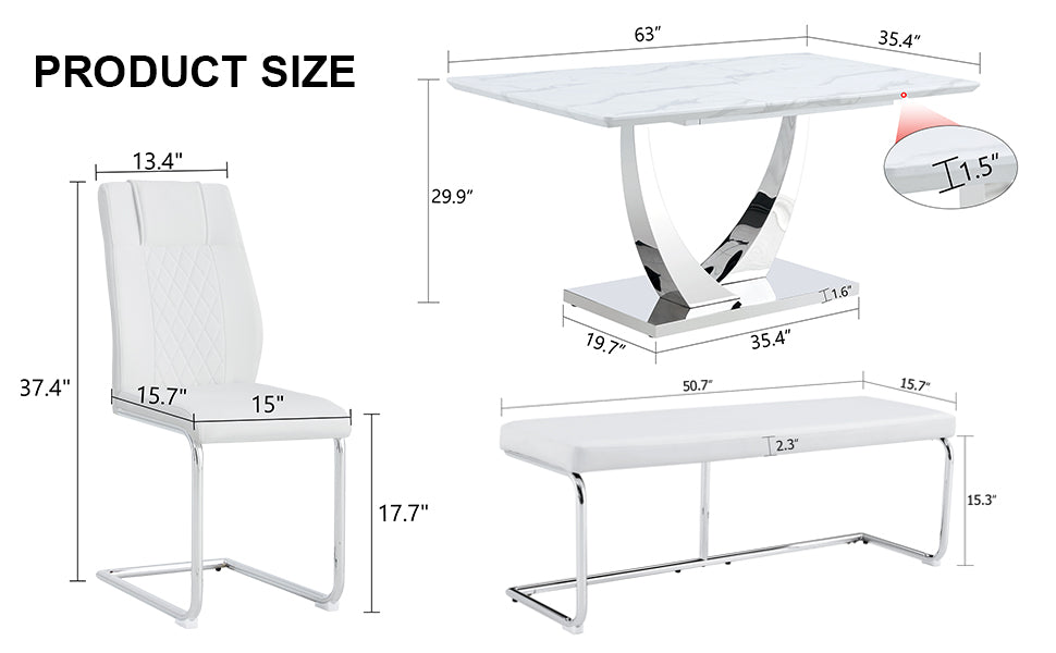 Table And Chair Set. Large Modern Rectangular Table With White Textured Top And Silver Metal Legs. Soft And Comfortable Pu Seats, Faux Leather Upholstered Seats And Sturdy Metal Legs. White Mdf Metal