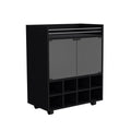 St Andrews Bar Cart With Built In 8 Bottle Rack, Double Glass Door Cabinet, And Aluminum Edged Top Surface Black Primary Living Space Modern Particle Board Engineered Wood