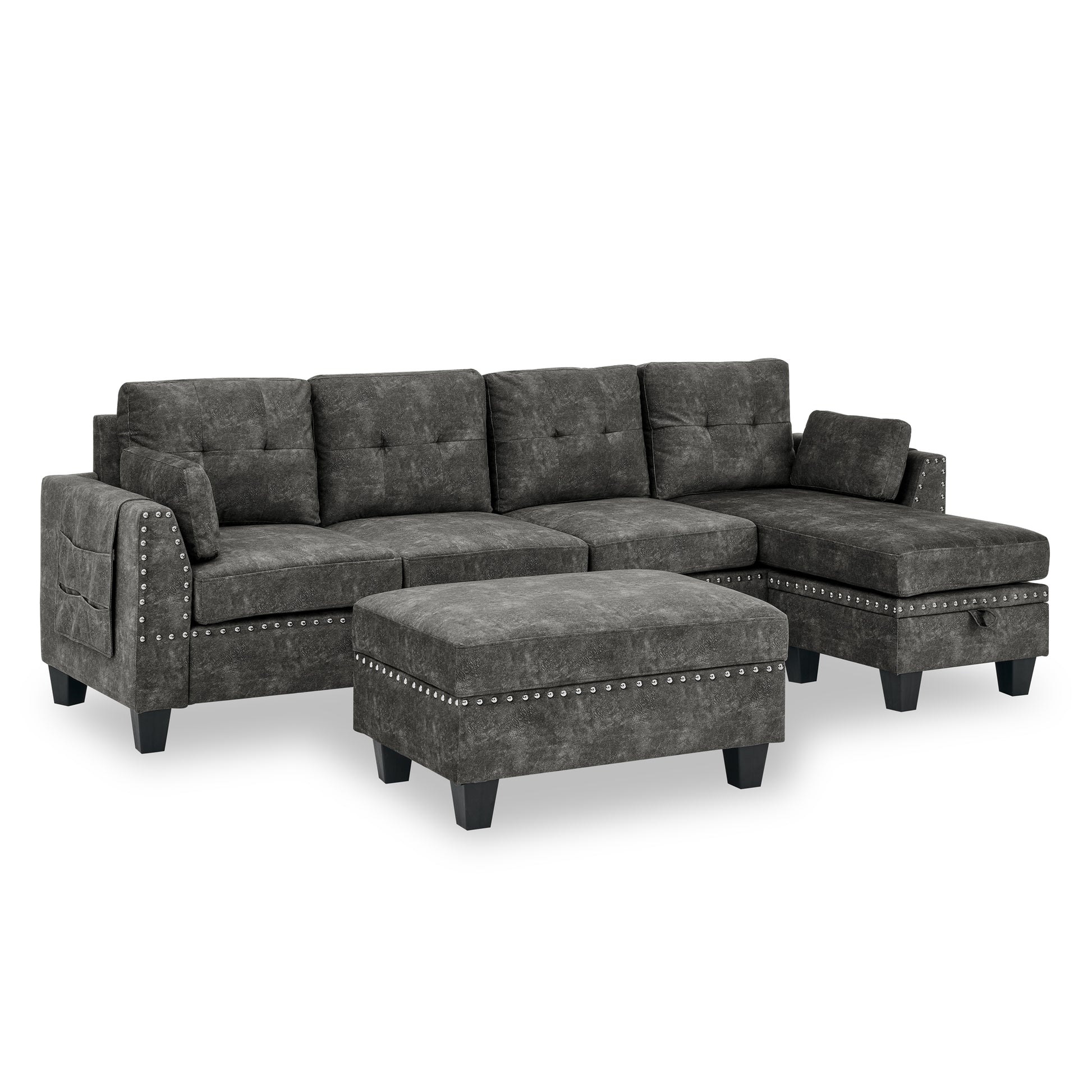 Sectional 3 Seaters Sofa ,Double Sided Multi Functional Footstool, Storage Matnon Slip Leg, Two Pillows, Velvet, Dark Grey Dark Grey Velvet 3 Seat