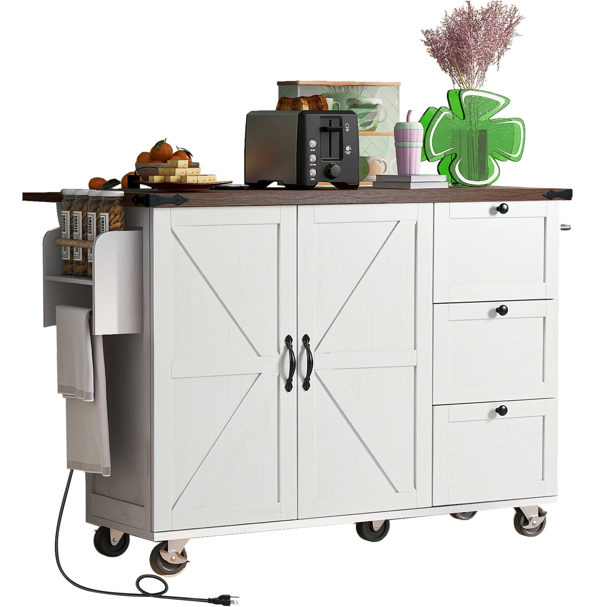 K&K 54.5" Farmhouse Kitchen Island With Power Outlet, Kitchen Storage Island With Internal Storage Rack, Drop Leaf, Spice Rack, Rolling Kitchen Cart On Wheels, For Home, Kitchen And Dining