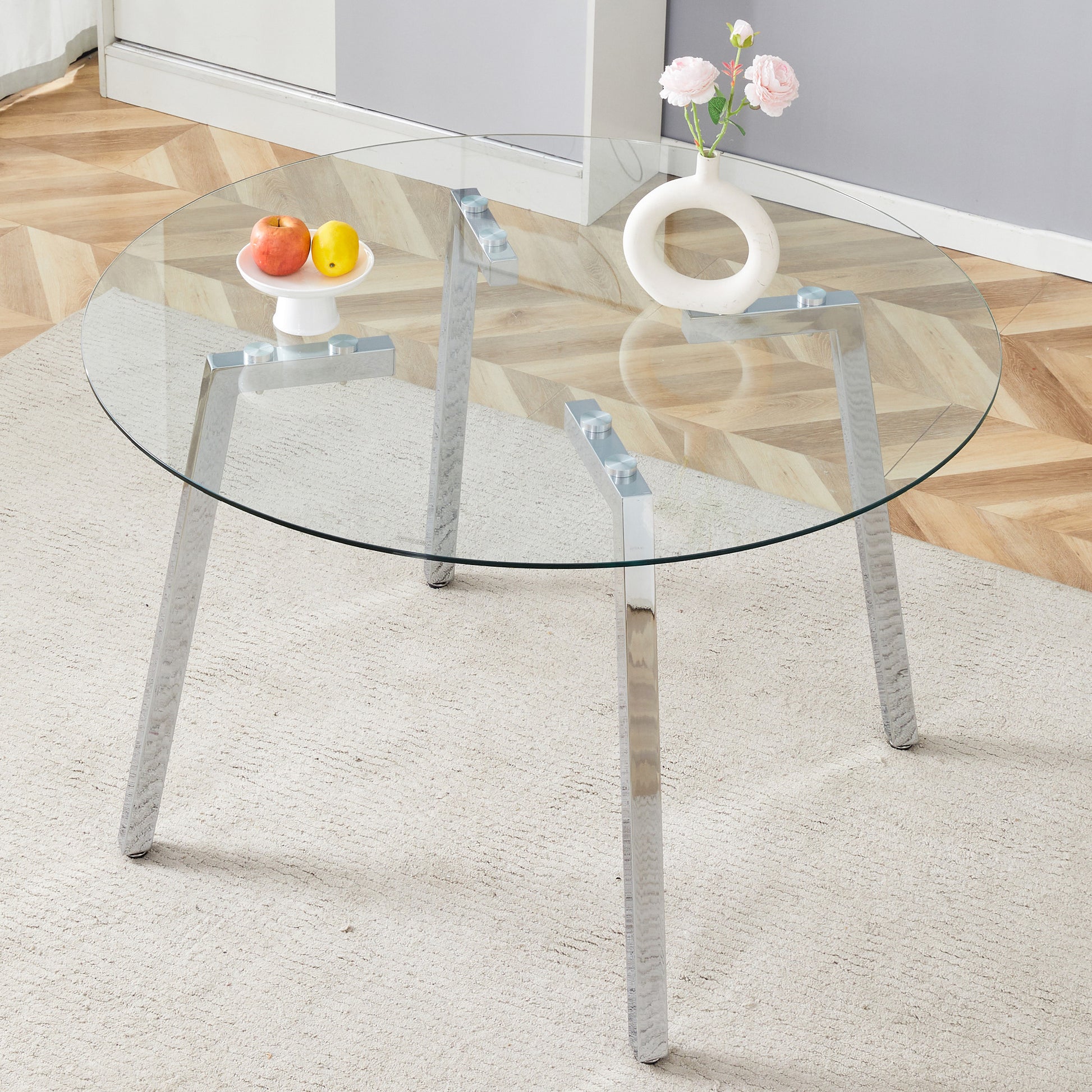 Modern Luxurious Round Tempered Glass Dining Table With Silver 7 Shaped Metal Legs,Suitable For Family Meals, Office Conferences, Or As A Casual Coffee Table For Various Occasions.47.3*47.3*29.5