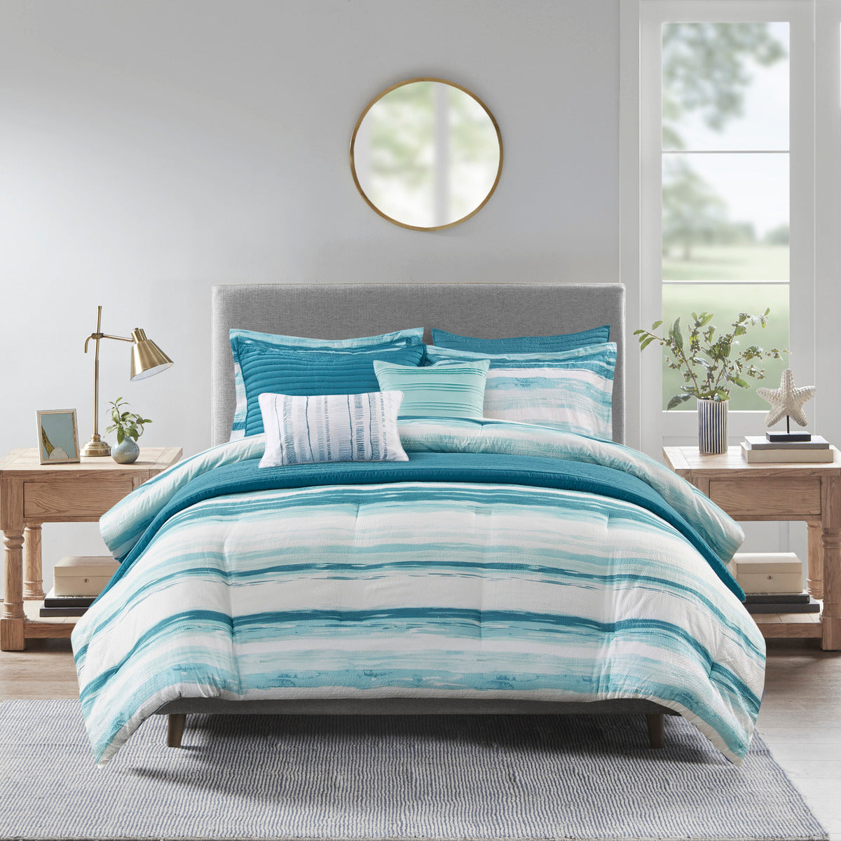8 Piece Printed Seersucker Comforter And Quilt Set Collection Aqua Full Queen Full Aqua Polyester