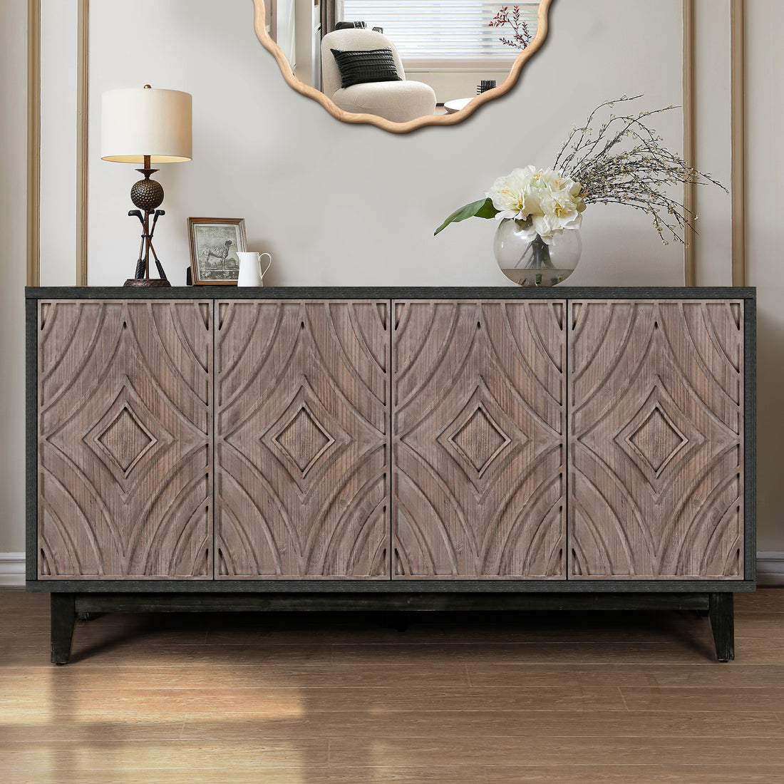 Mid Century Sideboard Buffet Cabinet With Solid Wood Legs 60" Kitchen Storage Cabinet Credenza With 4 Convex Pattern Diamond Doors And 2 Shelves Accent Console Table For Living Room Entrance Hall Etc Antique Antique Brown Light Brown Primary Living Space