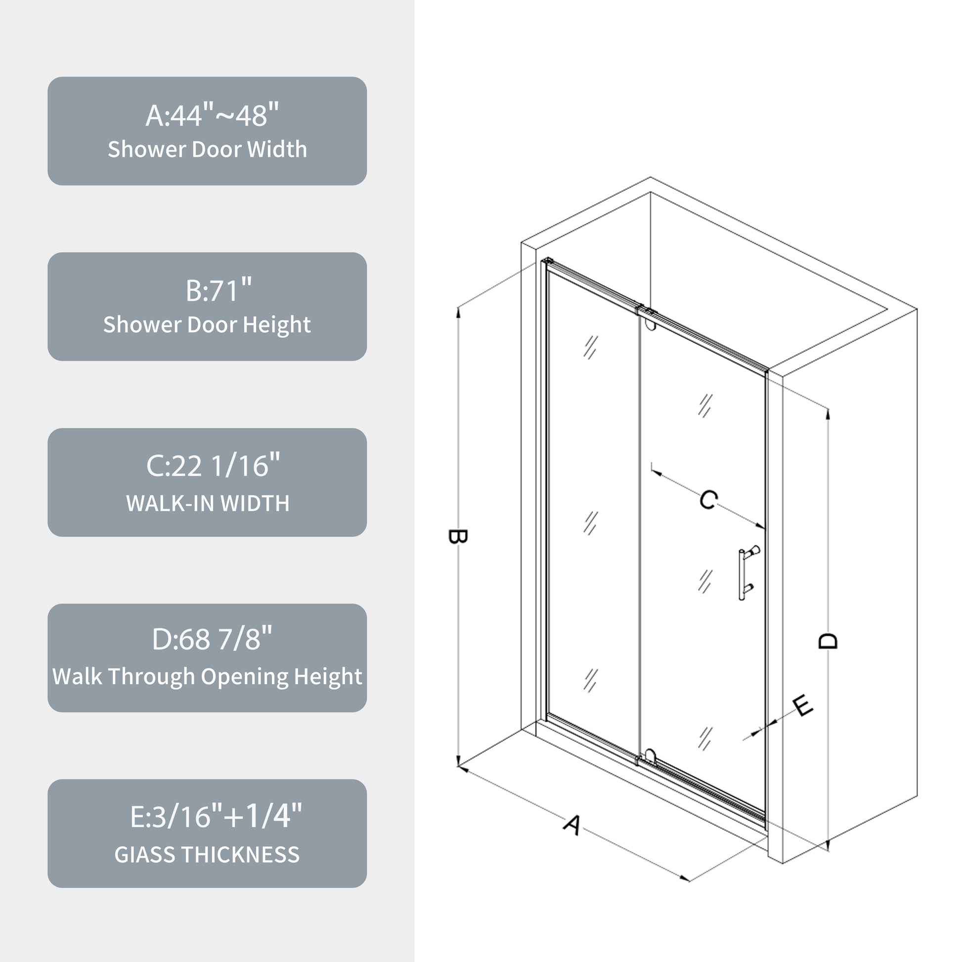 44 48" W X 71" H Piovt Swing Glass Shower Door,Pivot Frame Sliding Shower Door With 1 4" 6Mm Clear Sgcc Tempered Glass,Matte Black Finish Shower Doors,Reversible Installation Matte Black Bathroom Aluminium Alloy