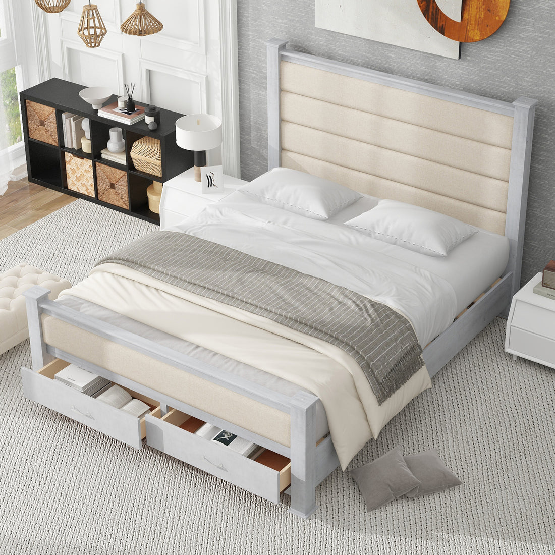 Queen Size Wood Frame Platform Bed With Upholstered Headboard, Footboard And 2 Drawers, Antique White Box Spring Not Required Queen Antique White Wood Bed Frame Solid Wood Mdf