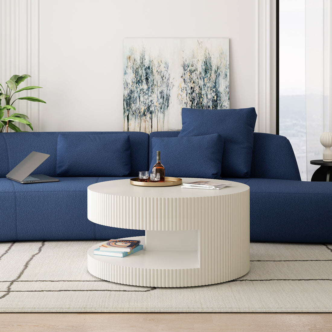 31.5'' Round Coffee Table,Modern Center Table With Storage,Vertical Stripe Design Coffee Table For Living Room,Bedroom White White Mdf