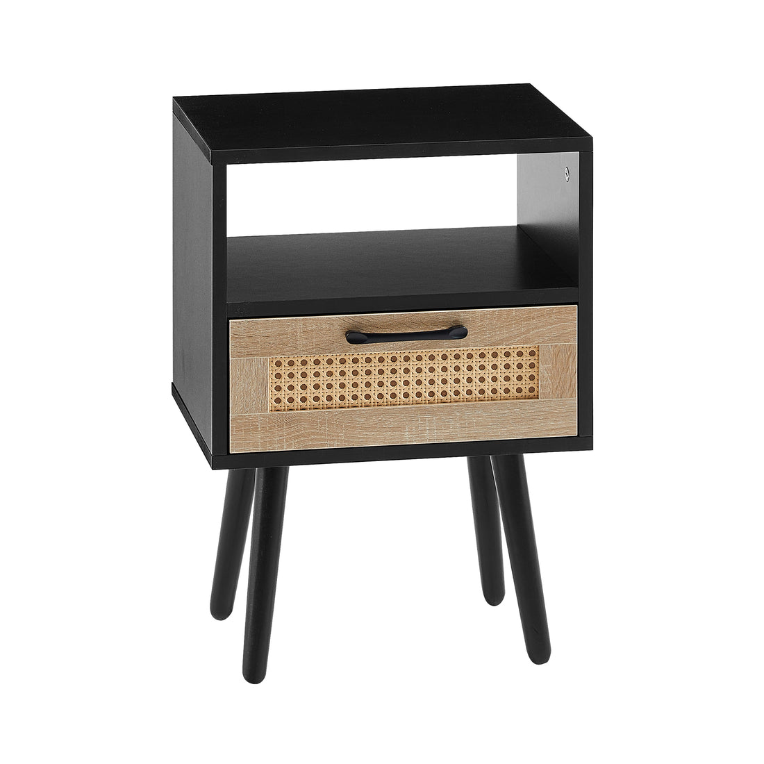 15.75" Rattan End Table With Drawer And Solid Wood Legs, Modern Nightstand, Side Table For Living Room, Bedroom, Black Black Solid Wood Mdf