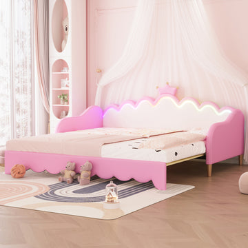 Twin Extending Daybed With Led Lights, Modern Upholstered Princess Daybed With Crown Headboard,Pink Twin Pink Wood