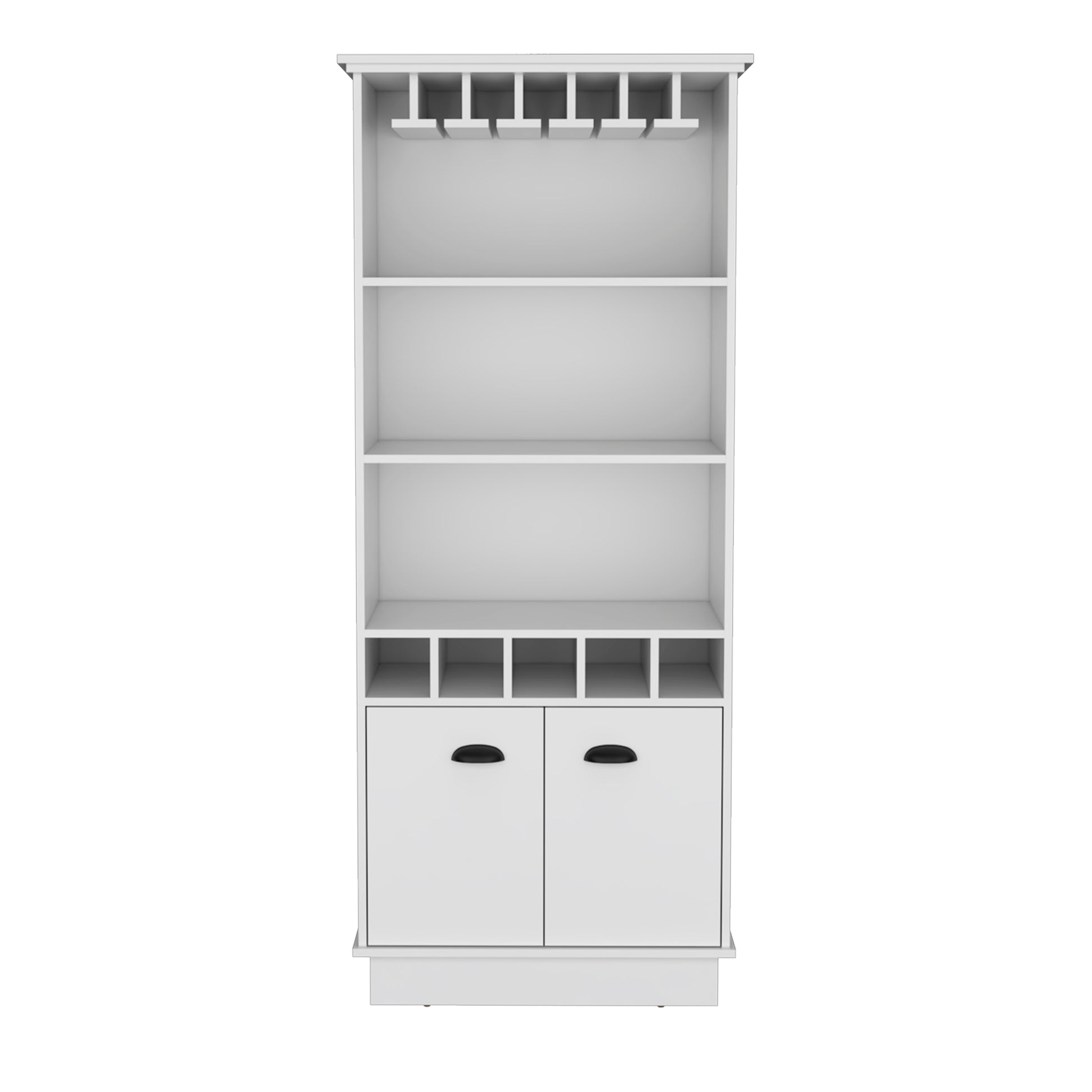 Dundee 70 Inch High 10 Glass Bar Cabinet With 5 Cubbies And 3 Open Shelves And Cabinet White White Modern Particle Board