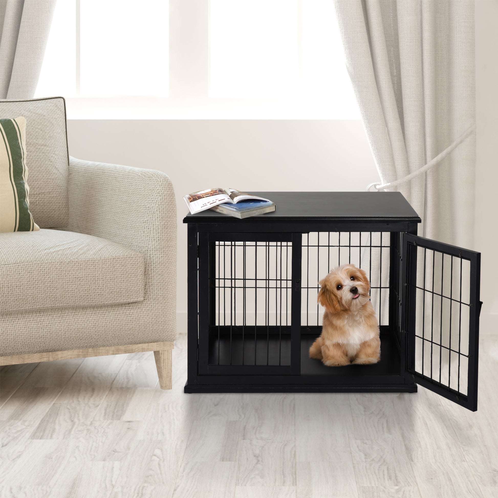 Pawhut Dog Crate Furniture, Small Dog Cage End Table With Two Opening Sides, Lockable Door, Puppy Kennel Indoor, Cute And Decorative, Black Black Mdf