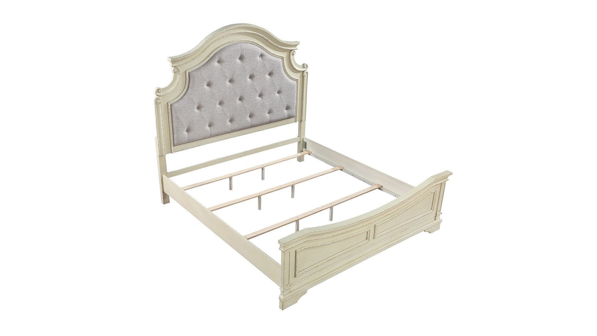 Noble Traditional Style King Bed With Button Tufted Upholstery Headboard Made With Wood In Antique Beige Box Spring Required King Beige Wood Bedroom Traditional Slat Beds Solid Wood Mdf Wood