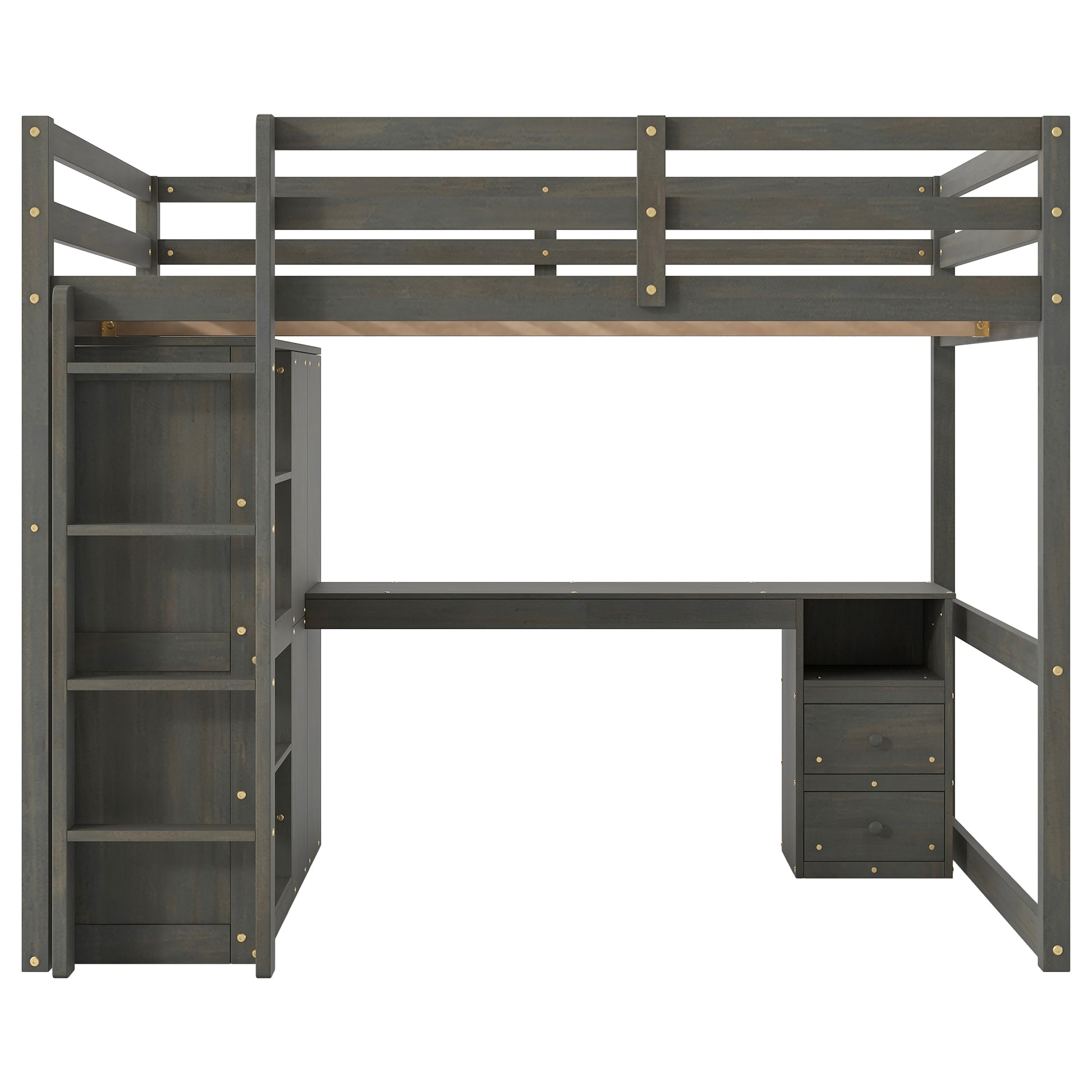 Wood Full Size Loft Bed With Built In Wardrobe, Desk, Storage Shelves And Drawers, Gray Box Spring Not Required Full Gray Wood Bedroom Solid Wood Mdf