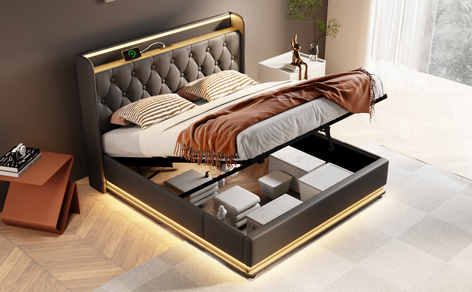 Full Size Upholstered Bed, 360 Surround Led Function, Buttons Apps Remote Control, Hydraulic Storage Bed With Usb Type C Charging, Black,Pu Without Mattress Full Black Pu