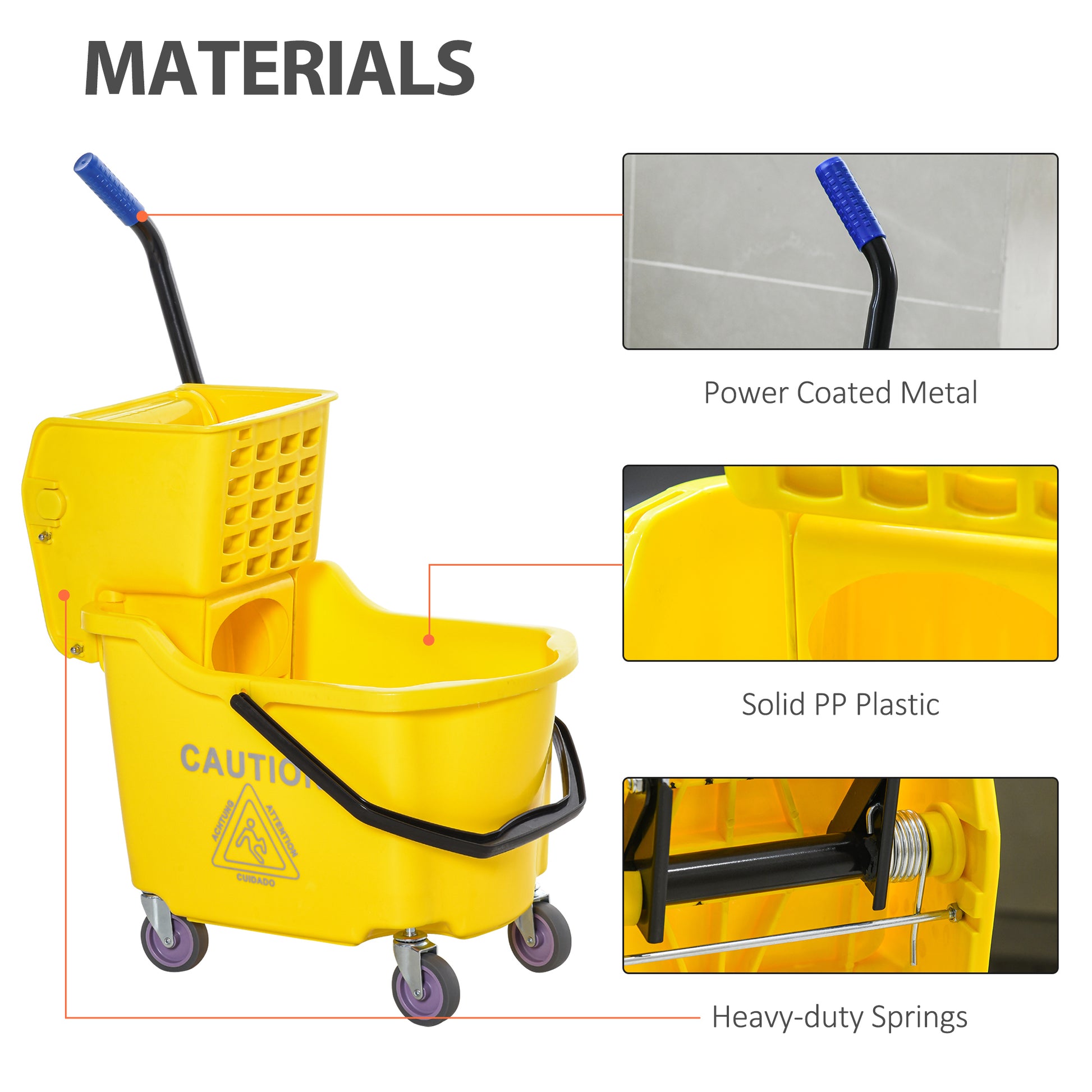 Homcom Mop Bucket Cart With Side Press Wringer, Metal Handle And 34 Quart Capacity, Yellow Yellow Iron Plastic