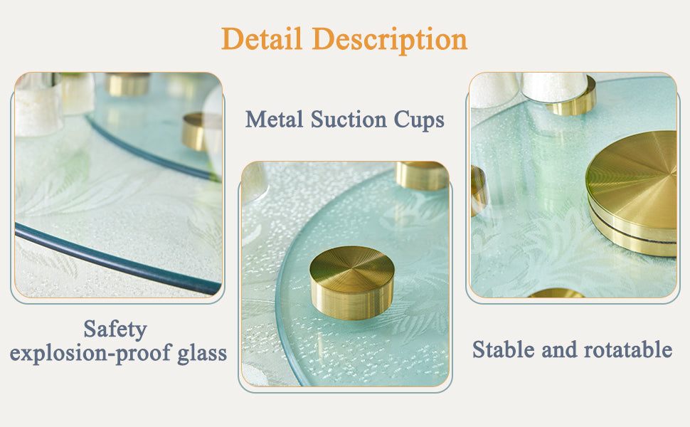 Double Layer Rotatable Round Glass.The Rotatable Design Makes It More Convenient To Retrieve And Place Items.The Upper Glass Has A Diameter Of 30.3 Inches, While The Lower Glass15 Inches.