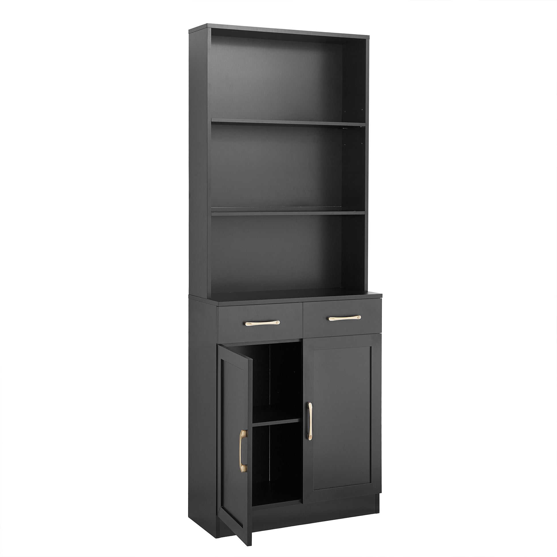 Bathroom Storage Cabinet, Cabinet With Two Doors And Drawers, Adjustable Shelf, Three Layer Open Shelf, Mdf Board, Black Black Mdf