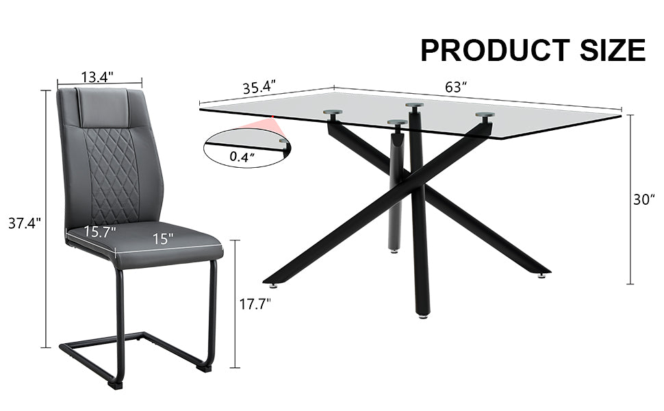 Table And Chair Set.Modern Rectangular Glass Dining Table With 0.39" Tempered Glass Tabletop And Black Metal Legs.Paired With Multiple Chairs Designed With Pu Cushions And Black Metal Legs. Black Grey Seats 6 Tempered Glass