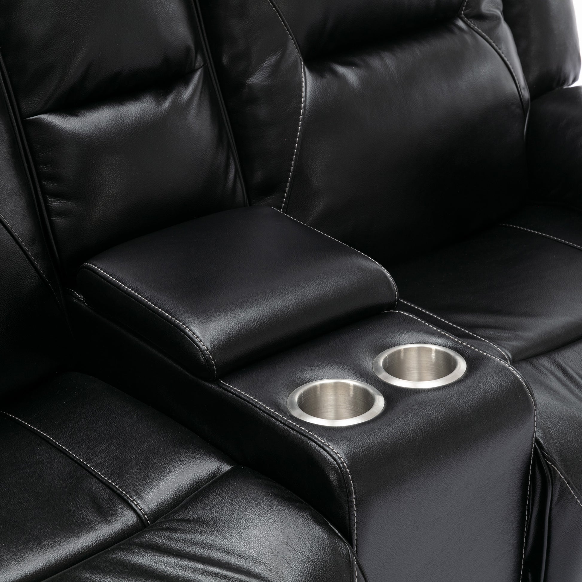 2 Seater Home Theater Recliner Manual Recliner Chair With A Led Light Strip Two Cup Holders And A Storage Box For Living Room,Bedroom, Black Black Foam Pu