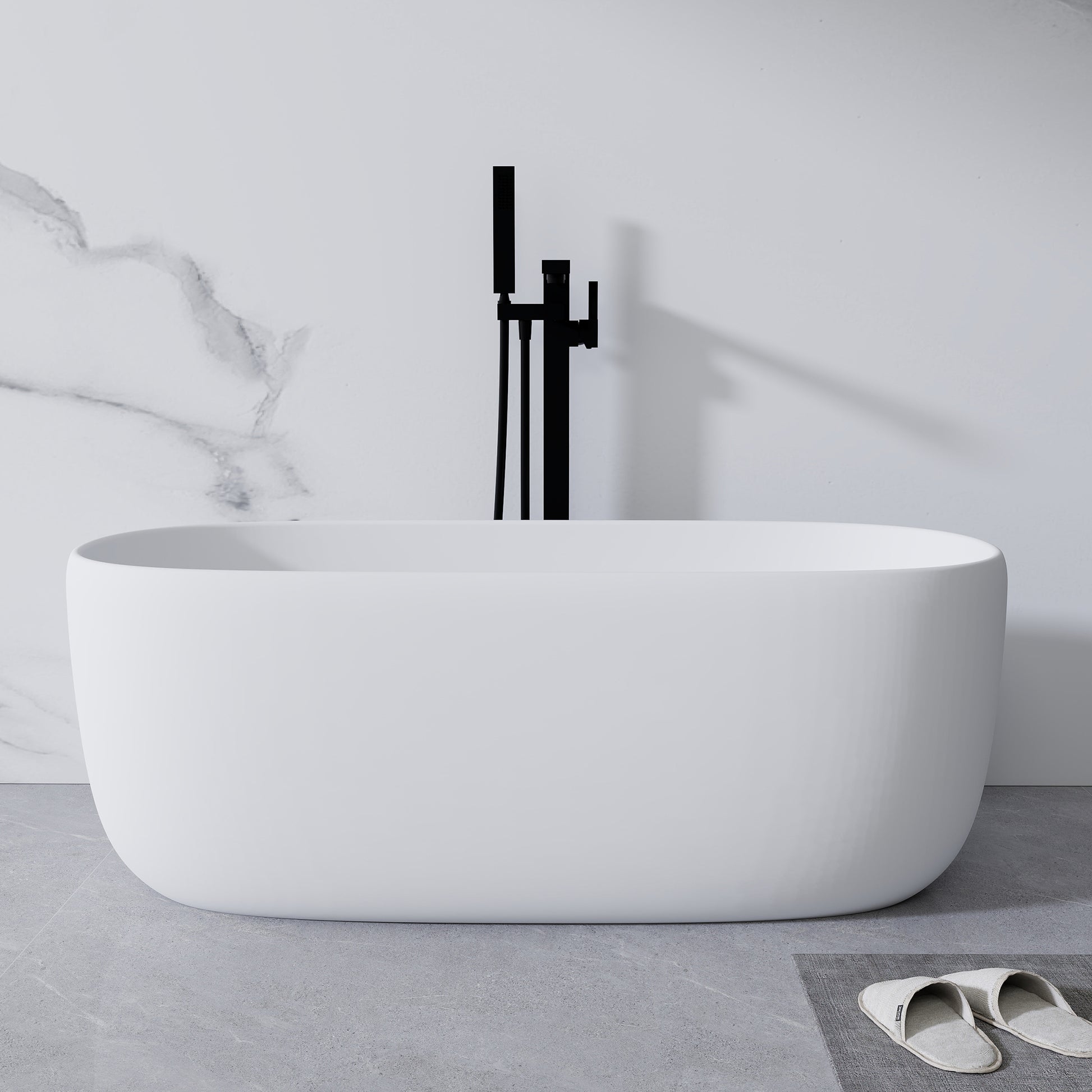 51'' Freestanding Bathtub Resin Stone Soaking Bathtub Solid Surface Modern Tubs With Overflow And Pop Up Drain In White Matte White Oval Bathroom Freestanding Tubs Matte Less Than 59 In Soaking Center Solid Surface Solid Surface