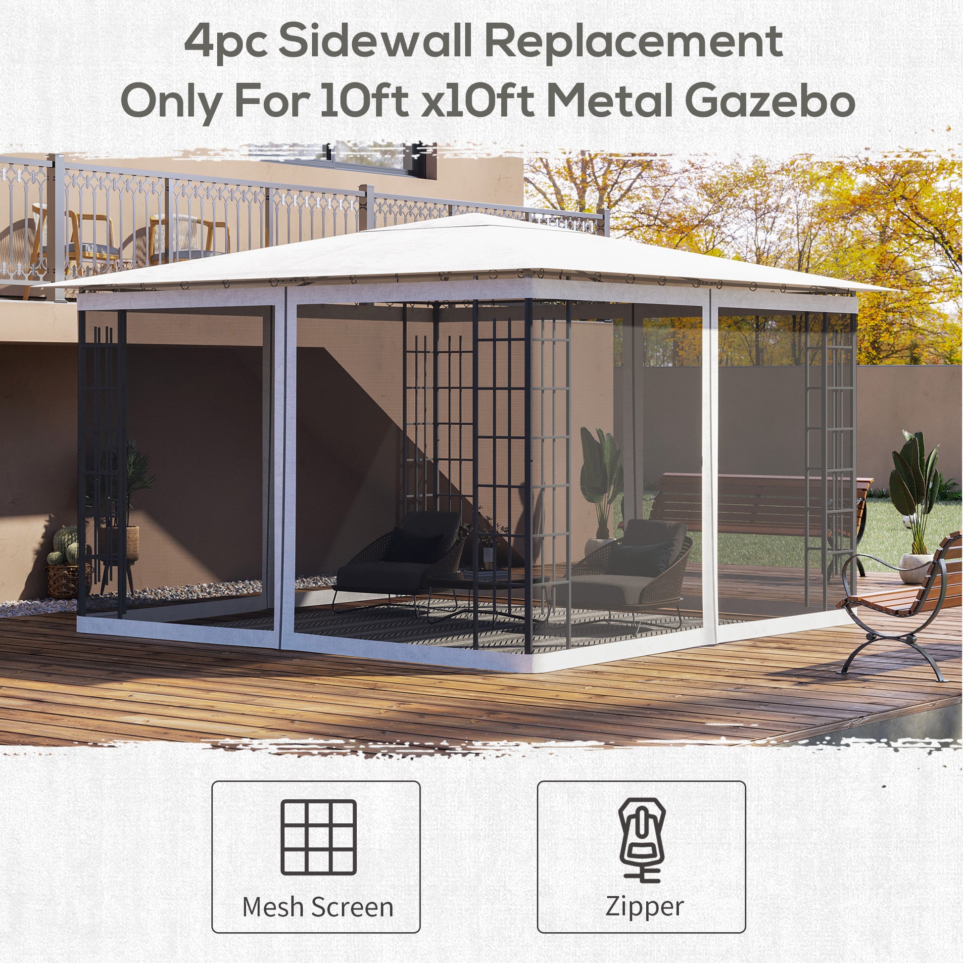 Outsunny 10' X 12' Replacement Mesh Sidewall Netting For Patio Gazebos And Canopy Tents With Zippers Sidewall Only , White White Polyester