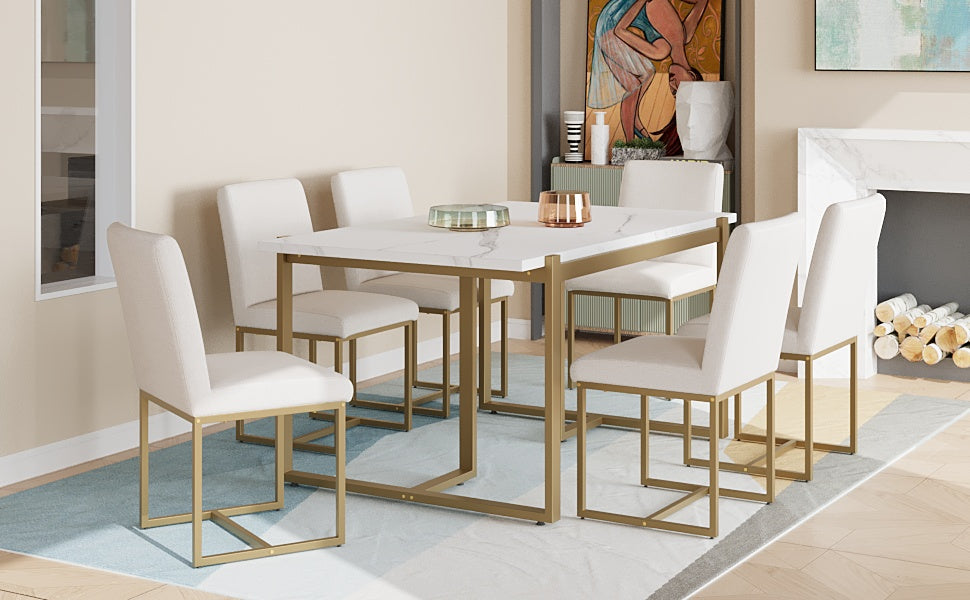 Modern Dining Table Set For 6 Faux Marble Kitchen Table Set With 6 Upholstered Dining Chairs, 7 Piece, White Golden Metal Dining Room Fixed Table Rectangular Dining Table With Chair And Bench Metal