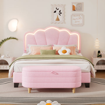 2 Pieces Bedroom Sets Full Size Flower Shaped Upholstered Led Platform Bed With Storage Ottoman Sherpa Fabric, Pink Full Pink 2 Piece Set Wood