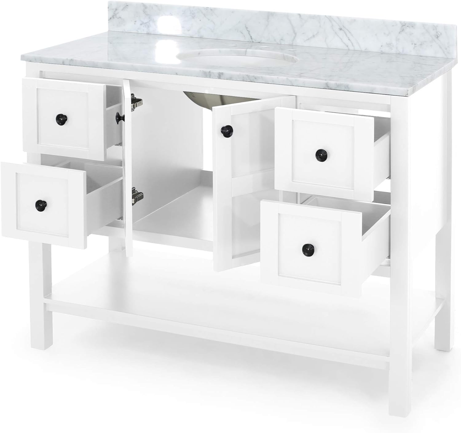 49'' Bathroom Vanity With Marble Top & Ceramic Sink, Two Doors, 4 Drawers, Open Shelf, White White Acacia Wood