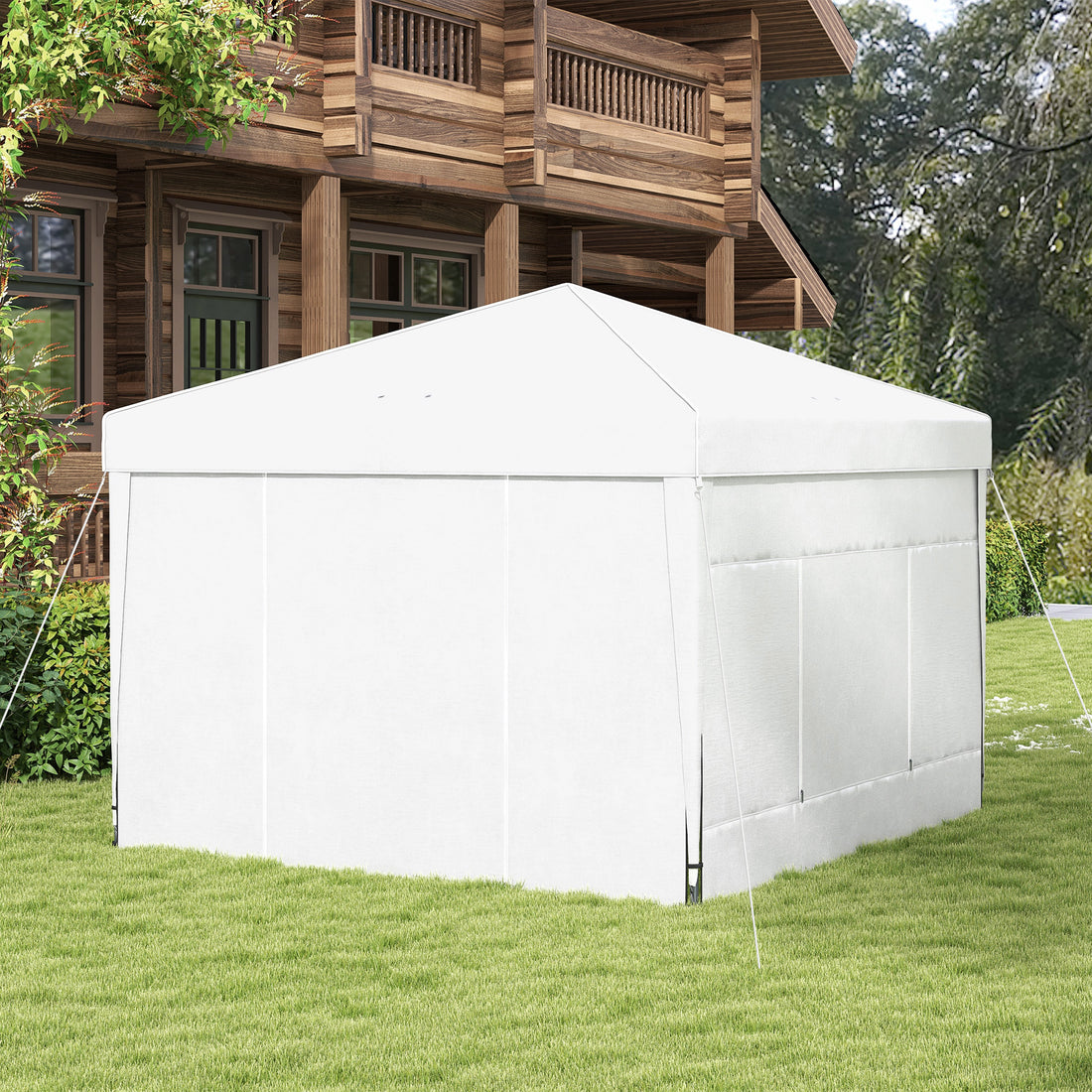 Outsunny 9.7' X 9.7' Pop Up Canopy With Sidewalls, Portable Canopy Tent With 2 Mesh Windows, Reflective Strips, Carry Bag For Events, Outdoor Party, Vendor Canopy, White White Steel