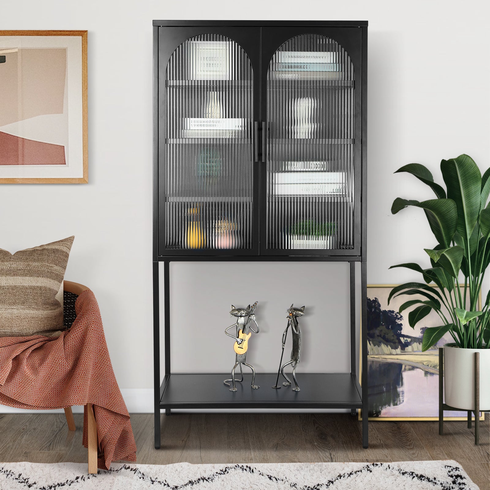 Elegant Floor Cabinet With 2 Glass Arched Doors Living Room Display Cabinet With Adjustable Shelves Anti Tip Dust Free Easy Assembly Black Black Tempered Glass Sheet Metal Plastic