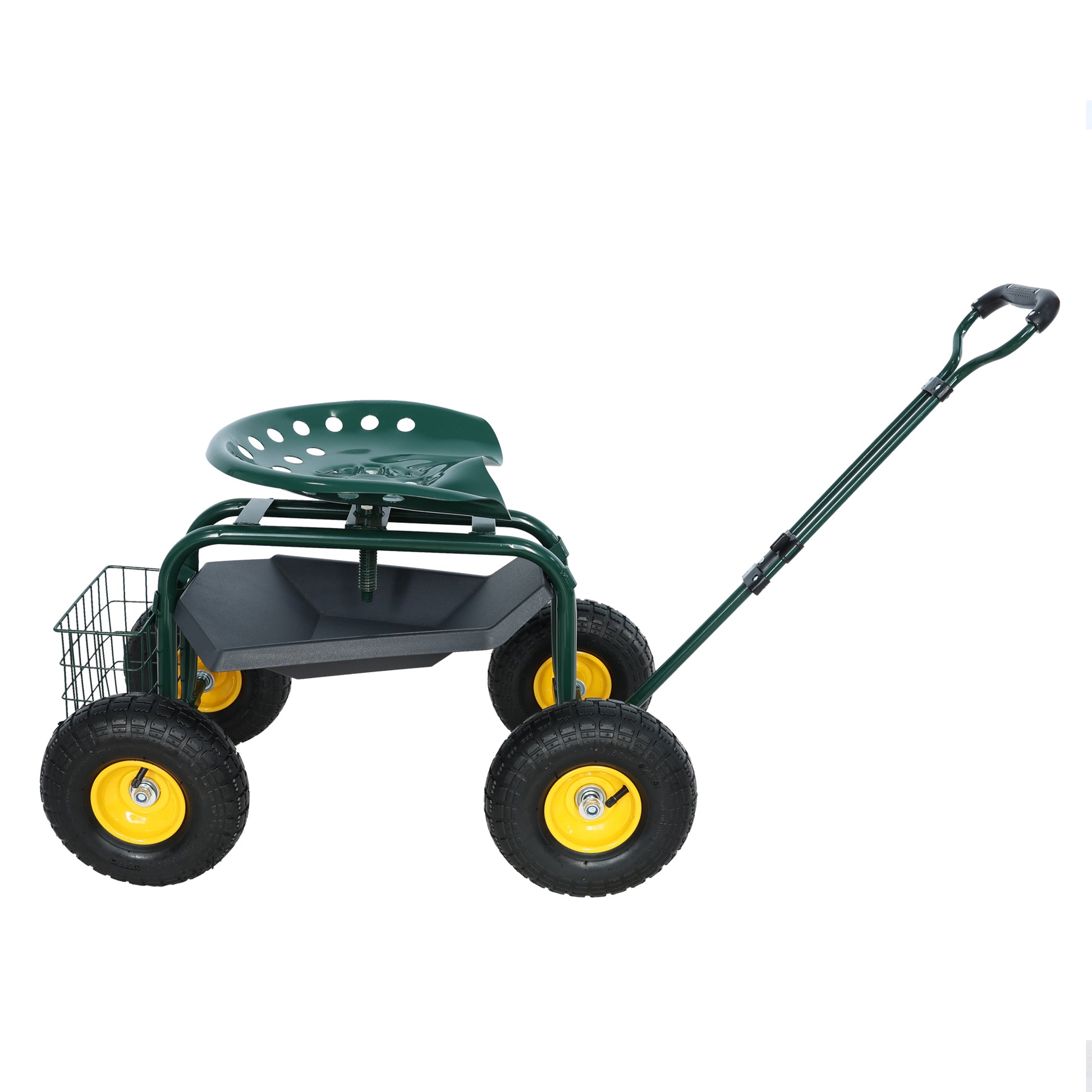 Garden Trolley Rolling Work Chair With Wheels, Garden Stool For Planting, 360 Degree Swivel Seat, Station Wagon Scooter With Steering Handle And Utility Tray, For Yard And Outdoors, Green Green Garden & Outdoor Iron