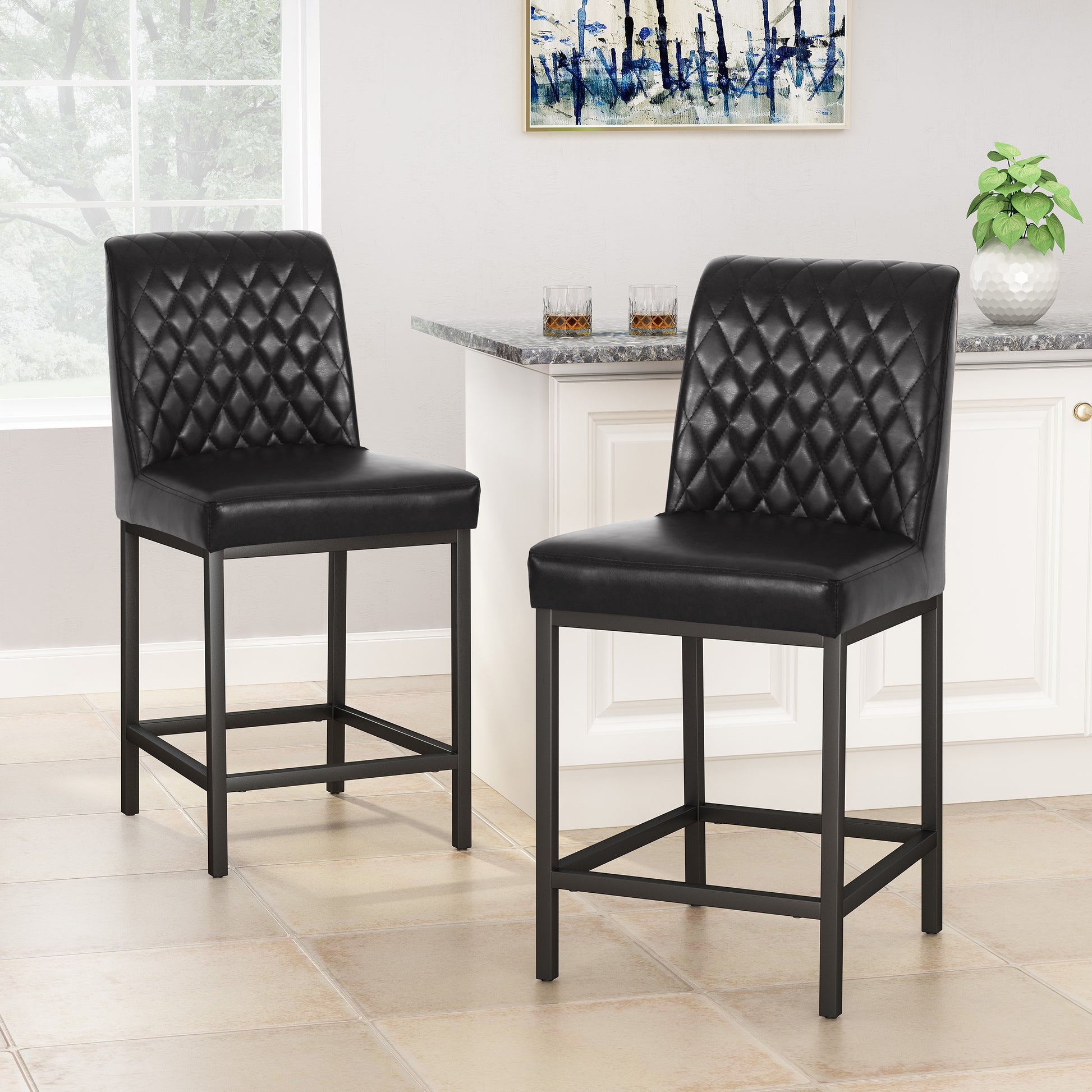 Counter Stool Set Of 2 Black Velvet